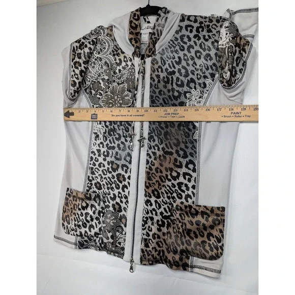 Joseph Ribkoff Leopard Print‎ Lace Embellished Zip Front Hooded Jacket Women 12 - Picture 4 of 10
